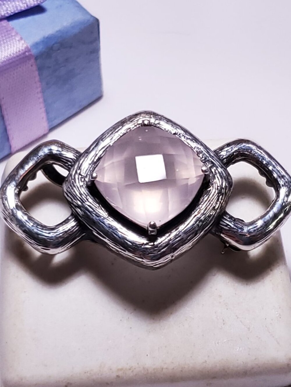 Estate 12.5ct Checkerboard Pillow cut Natural RoseQuartz Sterling925 Pin/Pd24242